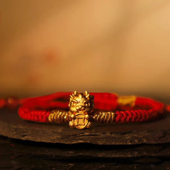 Buddha Stones 999 Sterling Silver Year of the Dragon Copper Coin Fortune Dragon Fu Character Luck Handcrafted Red String Braided Bracelet