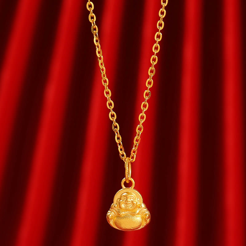 Buddha Stones 999 Gold Mini Laughing Buddha Luck Wealth Necklace Pendant