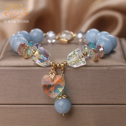 Buddha Stones Aquamarine Green Crystal Love Heart Charm Healing Bracelet