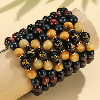 Buddha Stones Black Onyx Tiger Eye Om Mani Padme Hum Chinese Zodiac Natal Buddha Support Bracelet