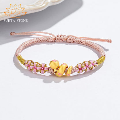 Buddha Stones 999 Gold Beads Enamel Pink Rope Year Of The Snake Luck Bracelet