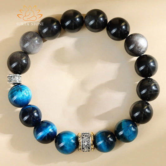 Buddha Stones Blue Tiger Eye Silver Sheen Obsidian Strength Bracelet