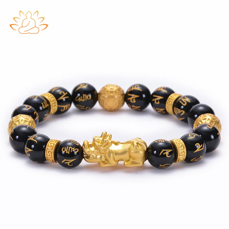 Buddha Stones Black Obsidian Black Onyx Alloy PiXiu Om Mani Padme Hum Strength Bracelet