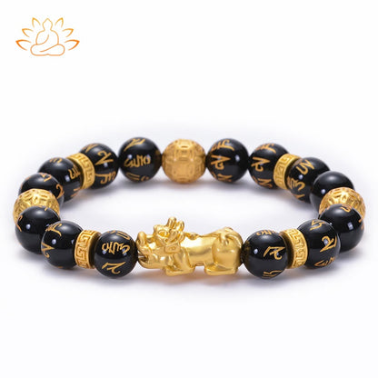 Buddha Stones Black Obsidian Black Onyx Alloy PiXiu Om Mani Padme Hum Strength Bracelet