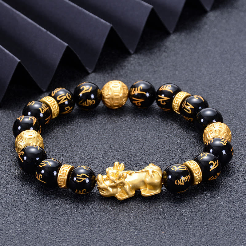 Buddha Stones Black Obsidian Black Onyx Alloy PiXiu Om Mani Padme Hum Strength Bracelet