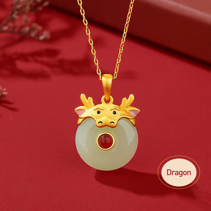 Buddha Stones 925 Sterling Silver Hetian Jade Chinese Zodiac Year of the Dragon Red Agate Luck Protection Necklace Pendant