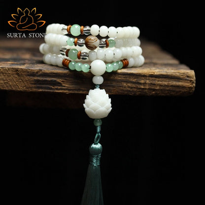 Buddha Stones White Bodhi Seed Mala 108 Beads Protection Bracelet