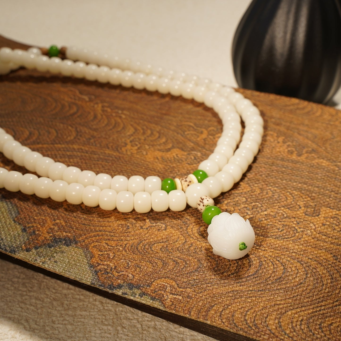 Buddha Stones White Jade Bodhi Lotus Mala Harmony Necklace Bracelet