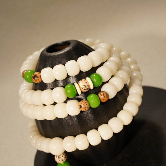 Buddha Stones White Jade Bodhi Lotus Mala Harmony Necklace Bracelet