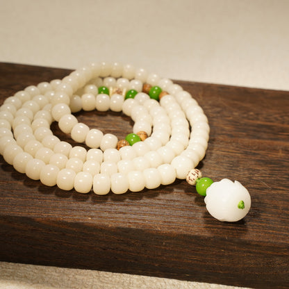 Buddha Stones White Jade Bodhi Lotus Mala Harmony Necklace Bracelet