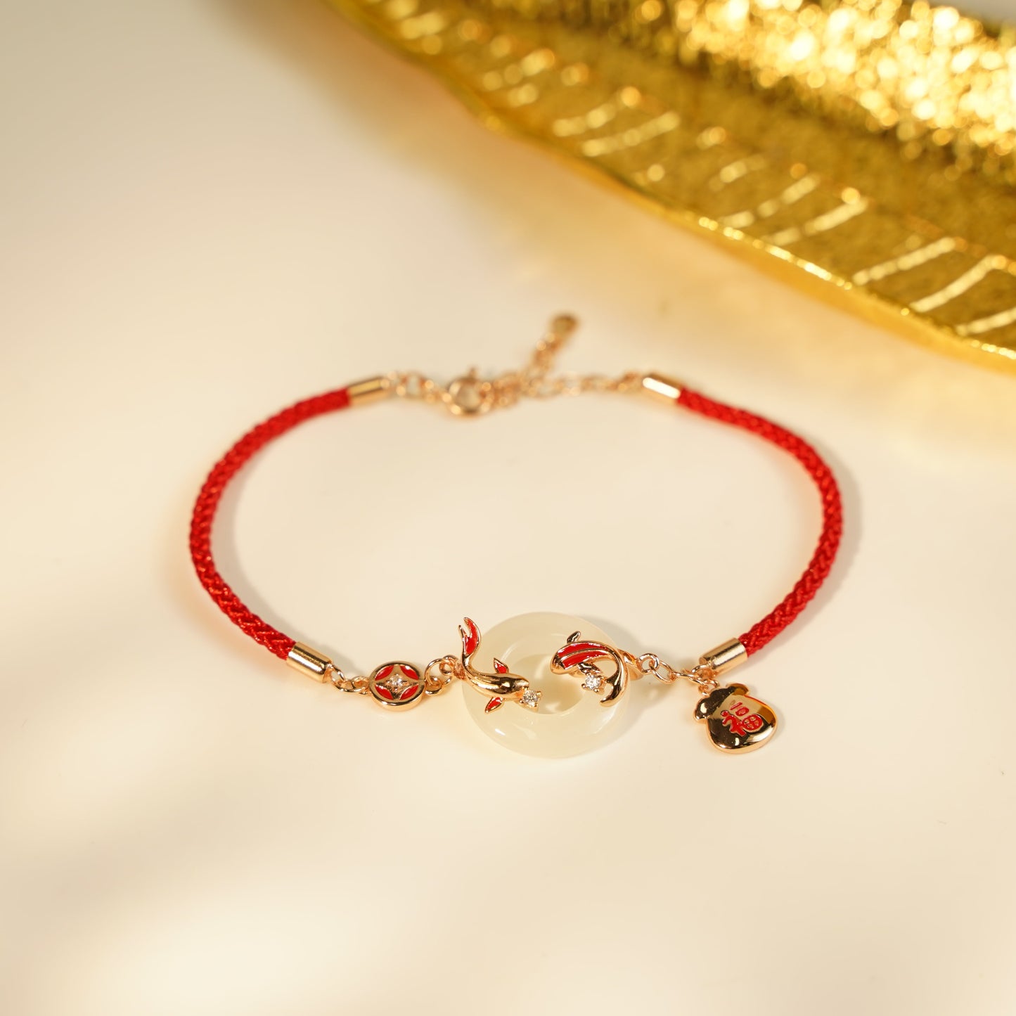 Buddha Stones Natural Hetian Jade Red String 925 Sterling Silver Plated Gold Koi Fish Lucky Bag Fu Character Peace Buckle Luck Bracelet