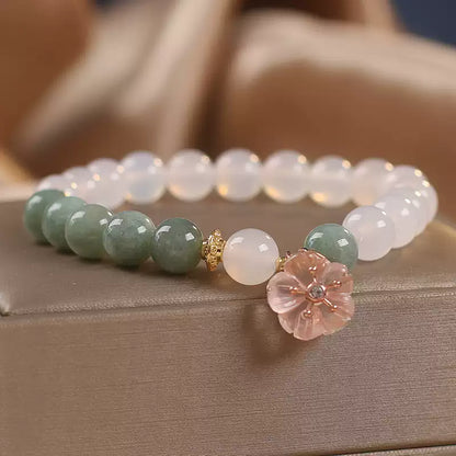 Buddha Stones White Agate Jade Flower Charm Luck Protection Bracelet