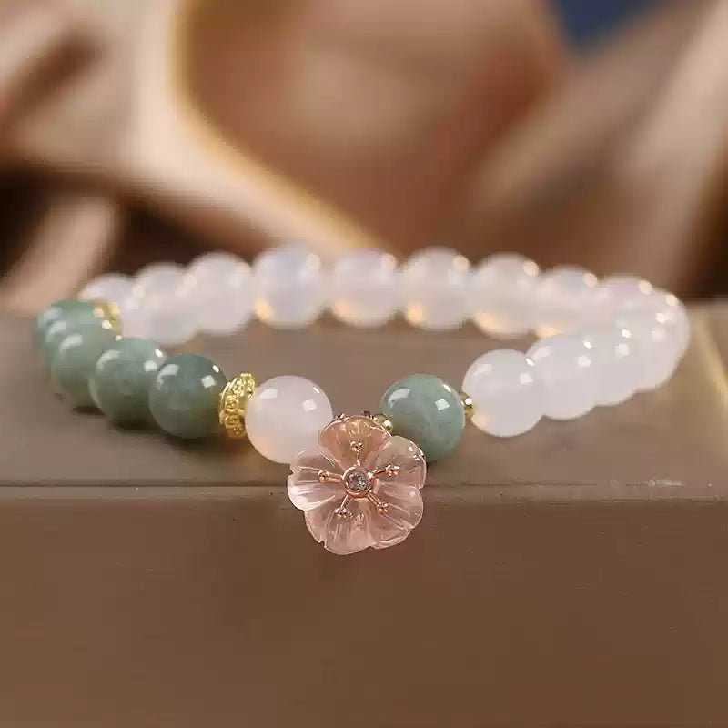 Buddha Stones White Agate Jade Flower Charm Luck Protection Bracelet