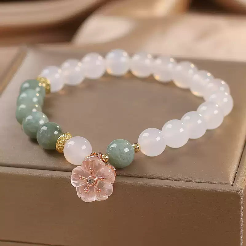 Buddha Stones White Agate Jade Flower Charm Luck Protection Bracelet